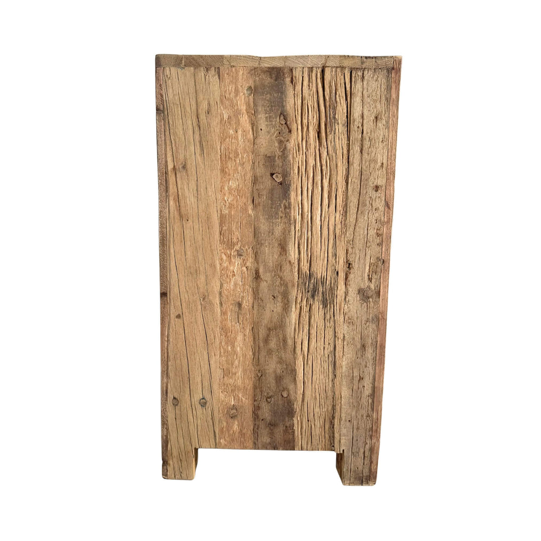 “Munsiyari Bedside Table in reclaimed wood with drawer and cabinet, 43x34x64 cm.”