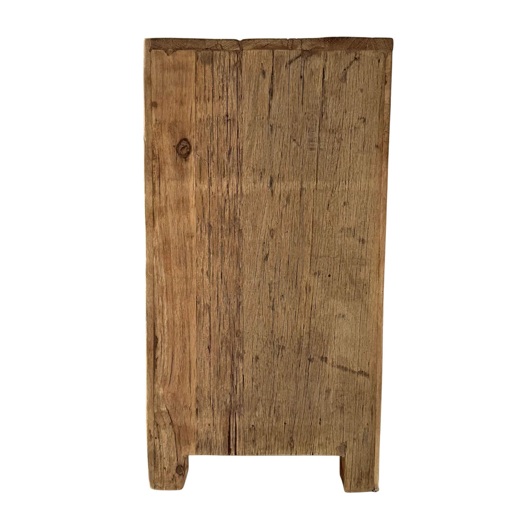 “Wooden nightstand with storage, crafted from reclaimed materials.”