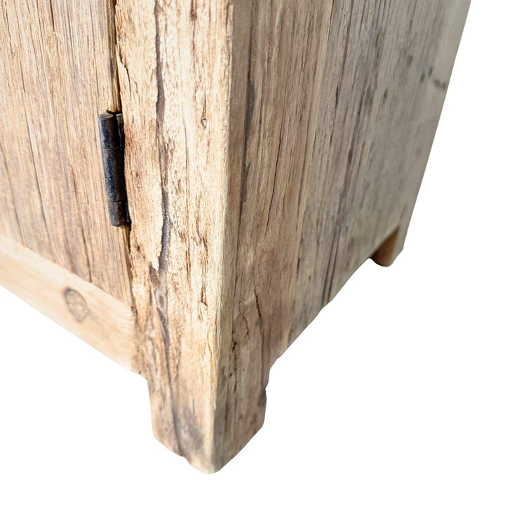 “Munsiyari Bedside Table in reclaimed wood with drawer and cabinet, 43x34x64 cm.”