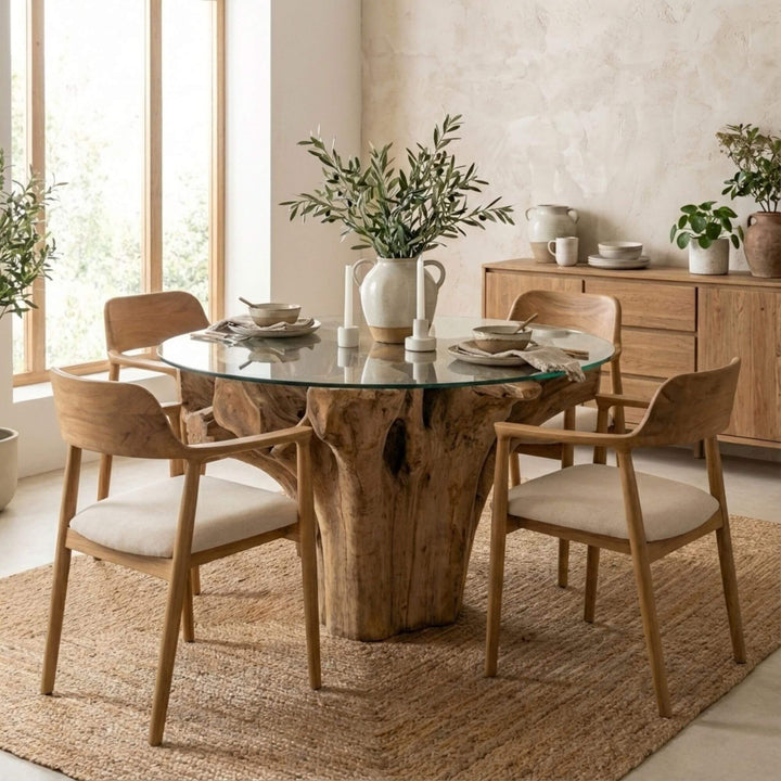 Styled living toom setting of Mur teak root dining table and Haru dining chair