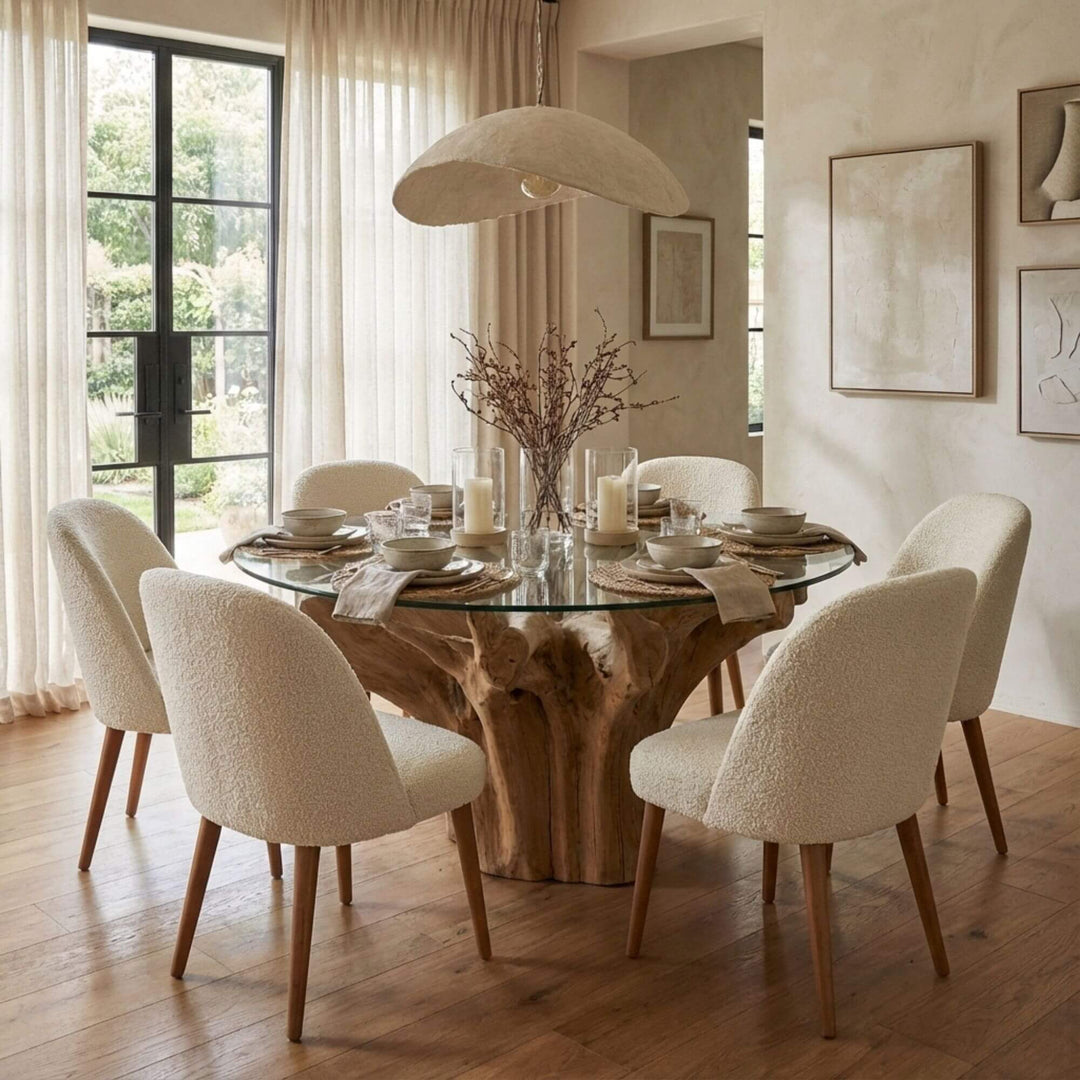 Styled living toom setting of Mur teak root dining table and cord gracia dining chair