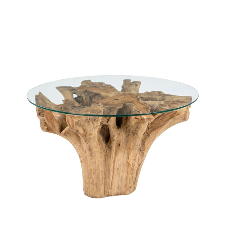 Mur teak root dining table with natural wood base on a white background
