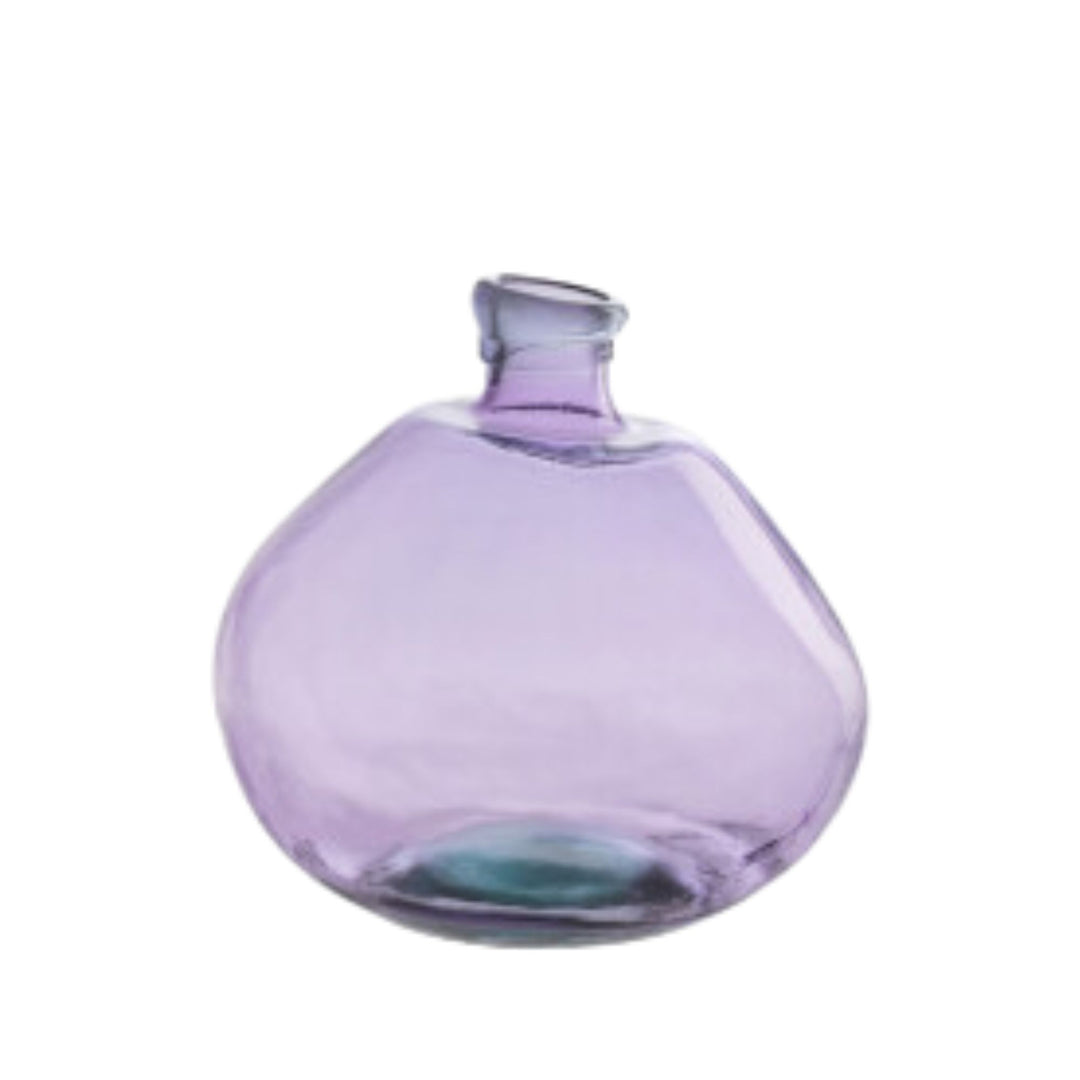 Front view of the small Murano crystal vase in lila glass with rounded silhouette.