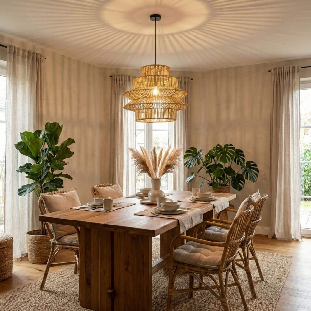 Styled dining room featuring the Muri ceiling lamp as a central statement light.