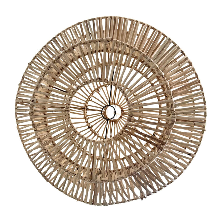 Overhead view of circular woven pattern on Muri ceiling lamp