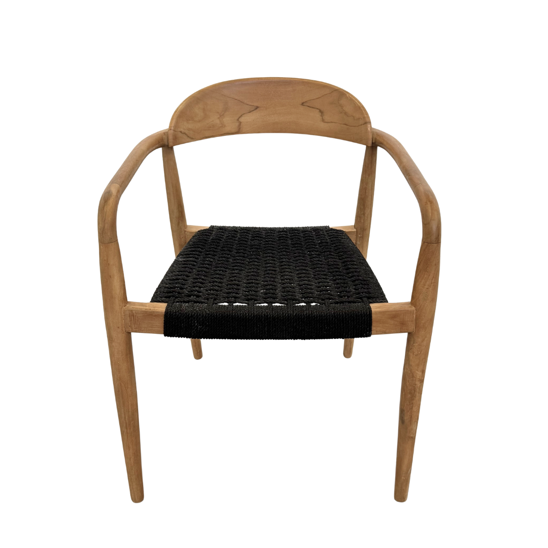 Front view of Mur Dining Chair with teak frame and black woven rope seat