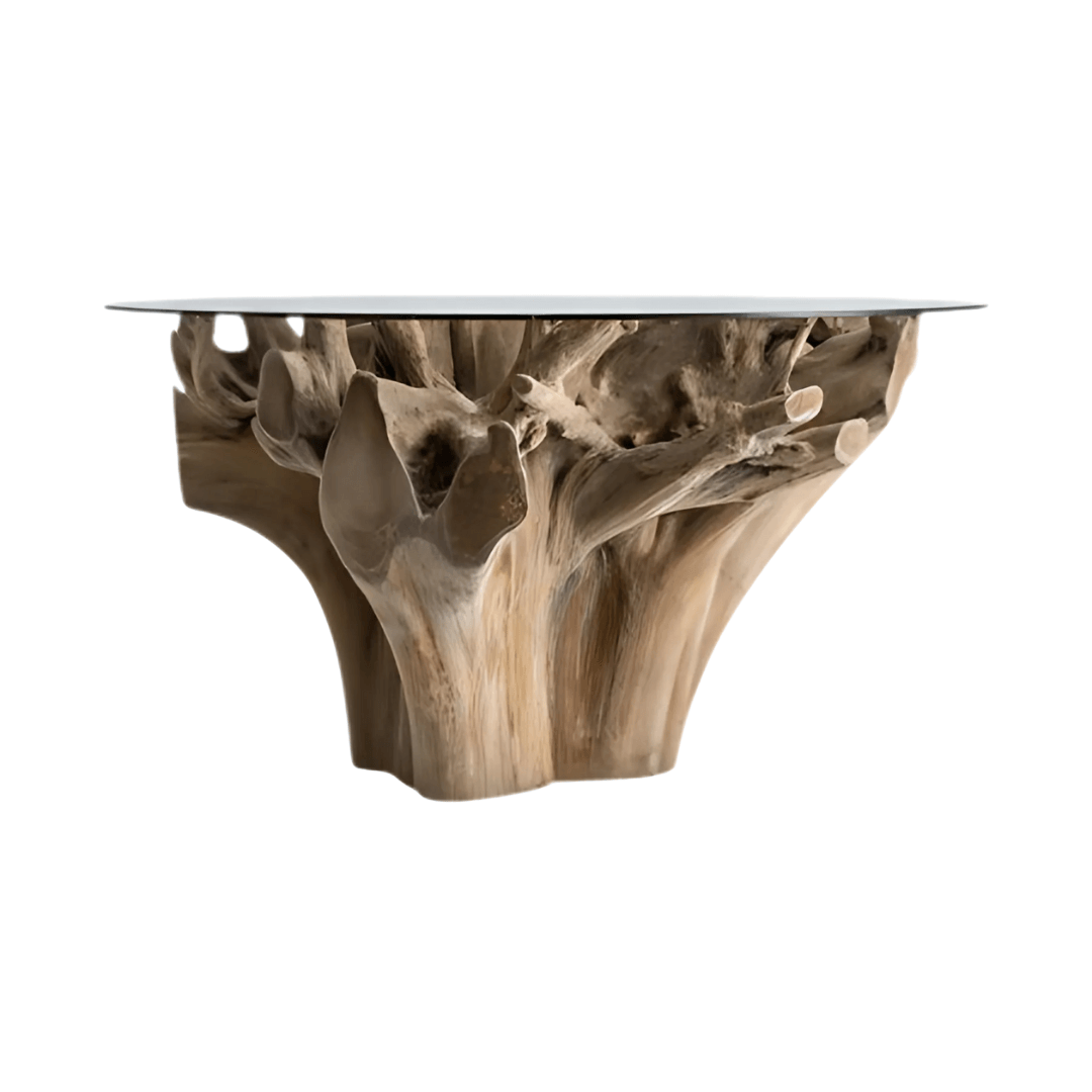 Front view of Mur Teak Root Dining Table with clear glass top.