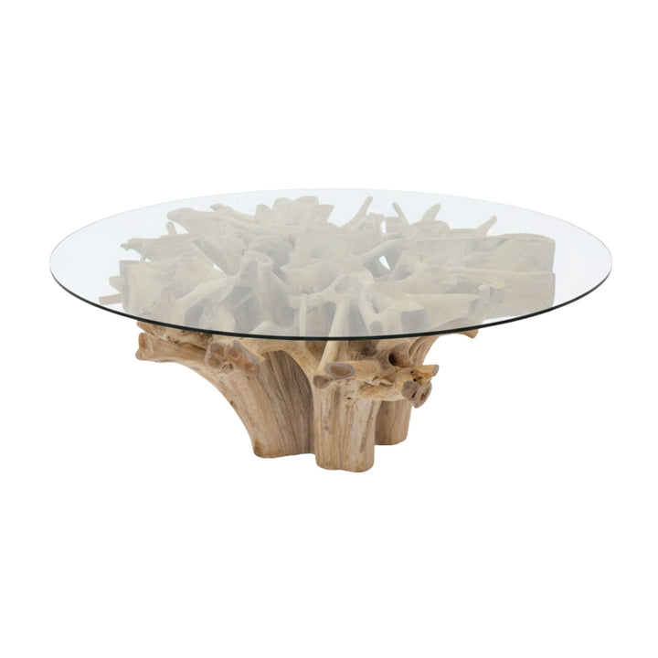 Glass-top Mur Teak dining table with natural wood base on a white background