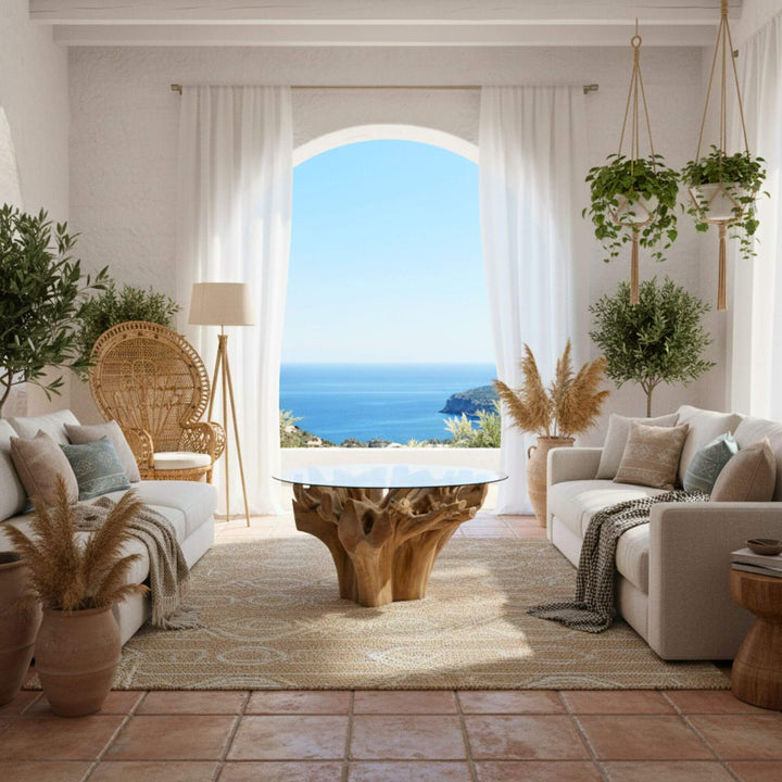 Dining table styled in coastal interior with ocean view.