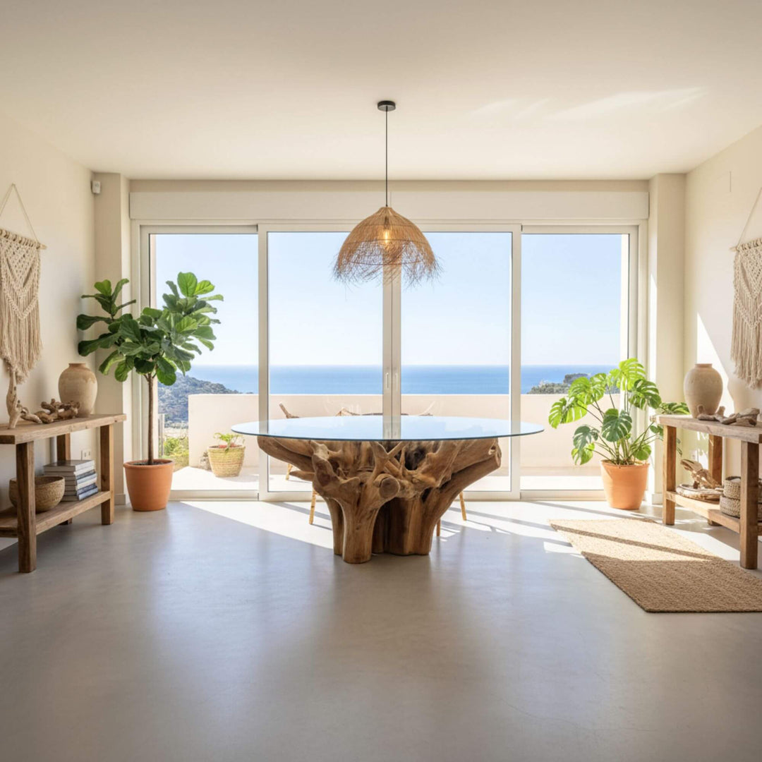 Modern living room with a Mur teak root dining table and large windows overlooking the ocean.
