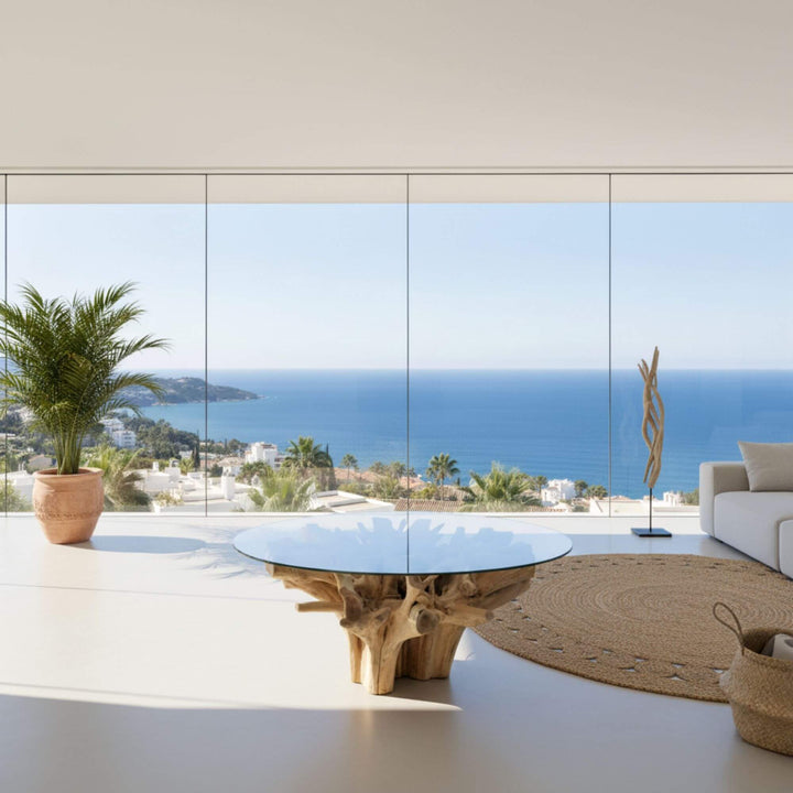 Modern living room with Mur Teak root dining table in font of a large glass wall overlooking a scenic ocean view.