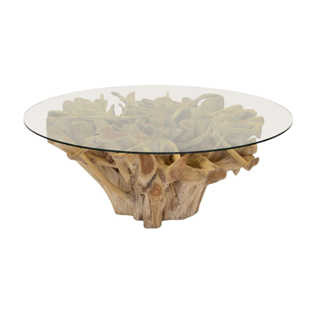 Glass-top Mur Teak root dining table with natural wood base on a white background