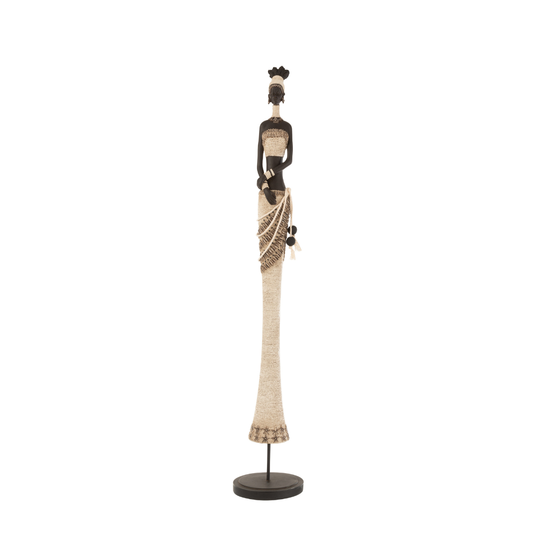 Front view of Musa Girl Stand Deco, tall tribal-style female sculpture with natural fiber detailing mounted on a black metal base.