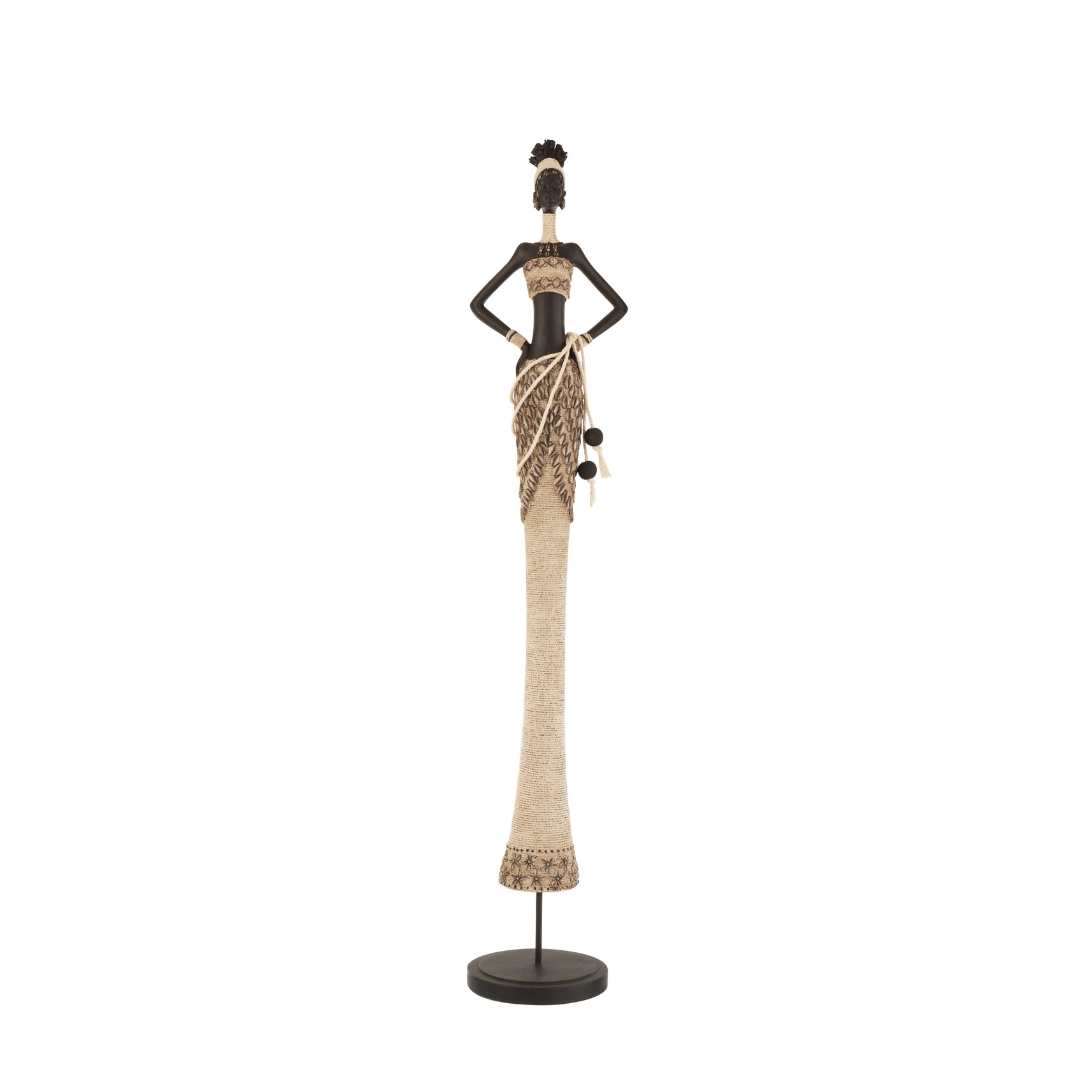 Front view of Musa Girl Stand Deco, tall tribal-style female sculpture with natural fiber detailing mounted on a black metal base.