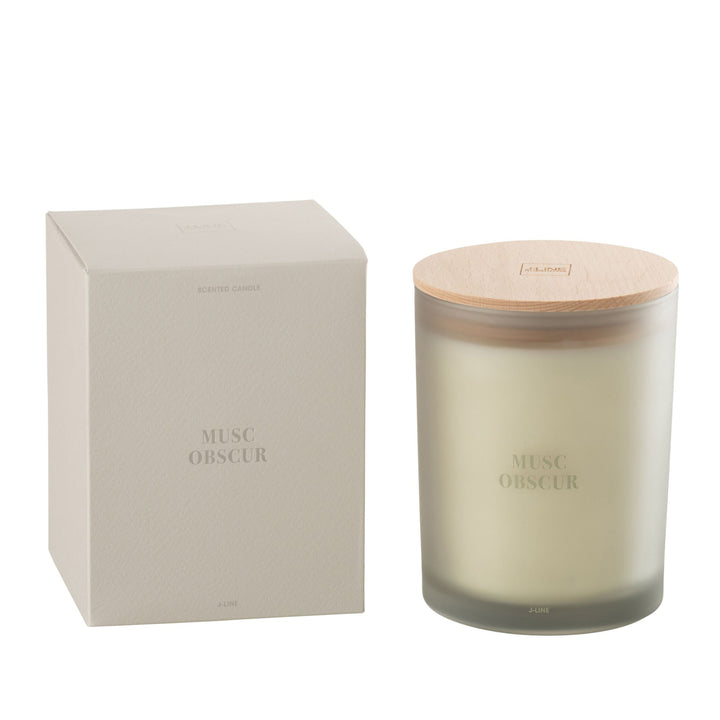 Front view of the Musc Obscur scented candle with its frosted glass jar and wooden lid.