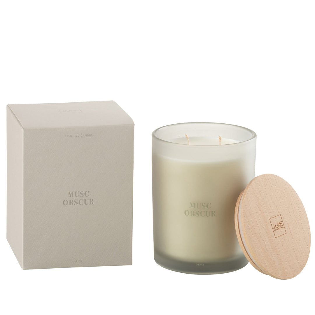 Front view of the Musc Obscur scented candle with its frosted glass jar and wooden lid.