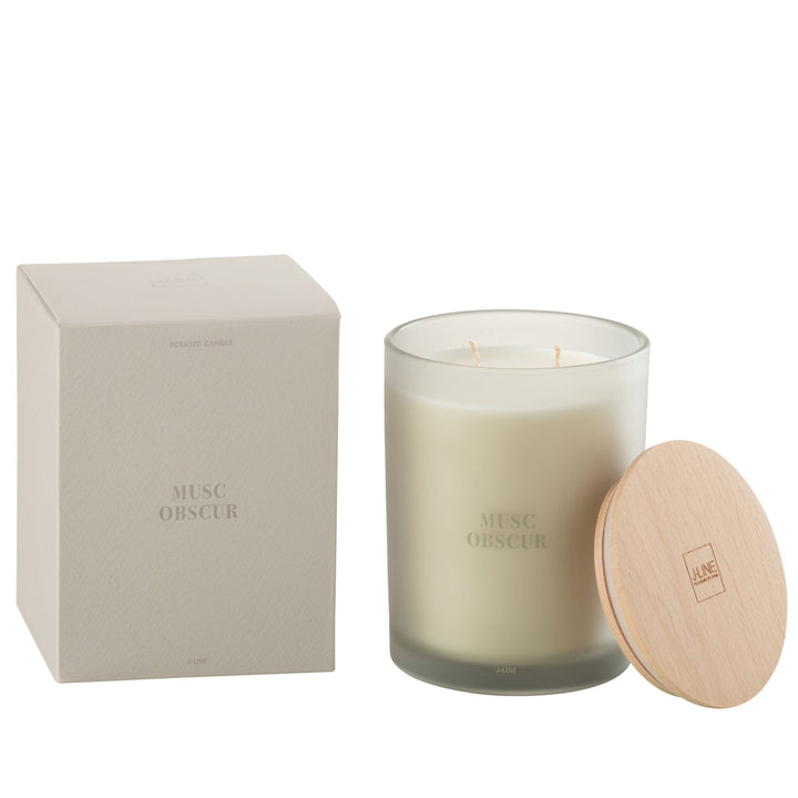Front view of the Musc Obscur scented candle with its frosted glass jar and wooden lid.
