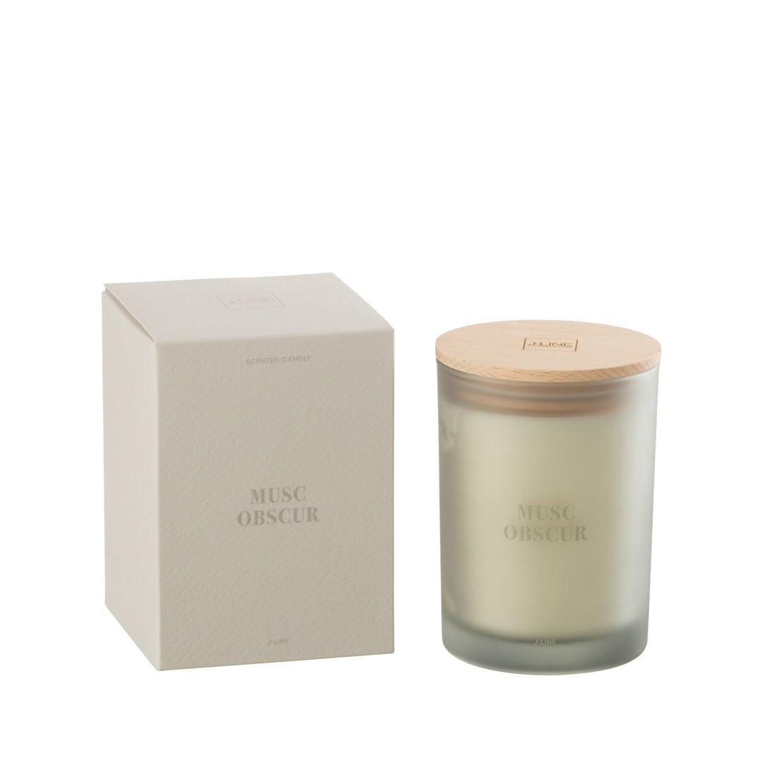 Front view of the Musc Obscur scented candle with its frosted glass jar and wooden lid.