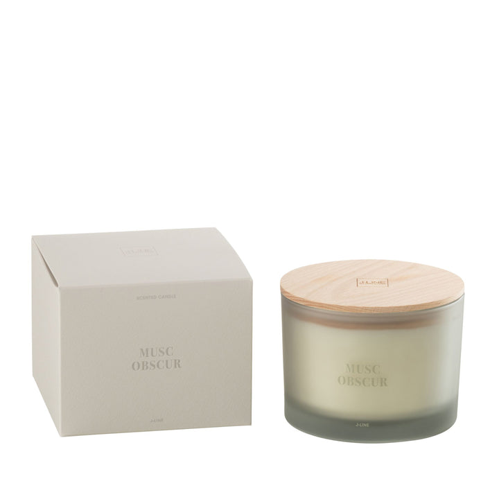 Front view of the Musc Obscur scented candle with its frosted glass jar and wooden lid.