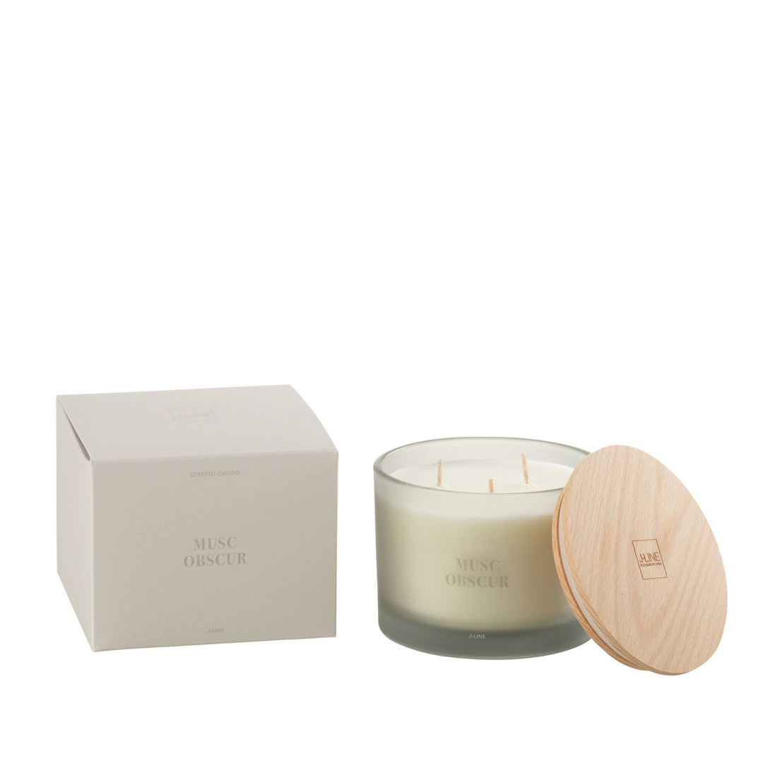 Front view of the Musc Obscur scented candle with its frosted glass jar and wooden lid.