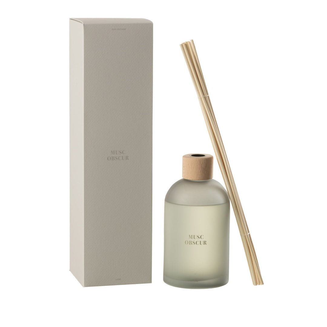 Musc Scented Diffuser with reeds and box shown in a clean product shot.