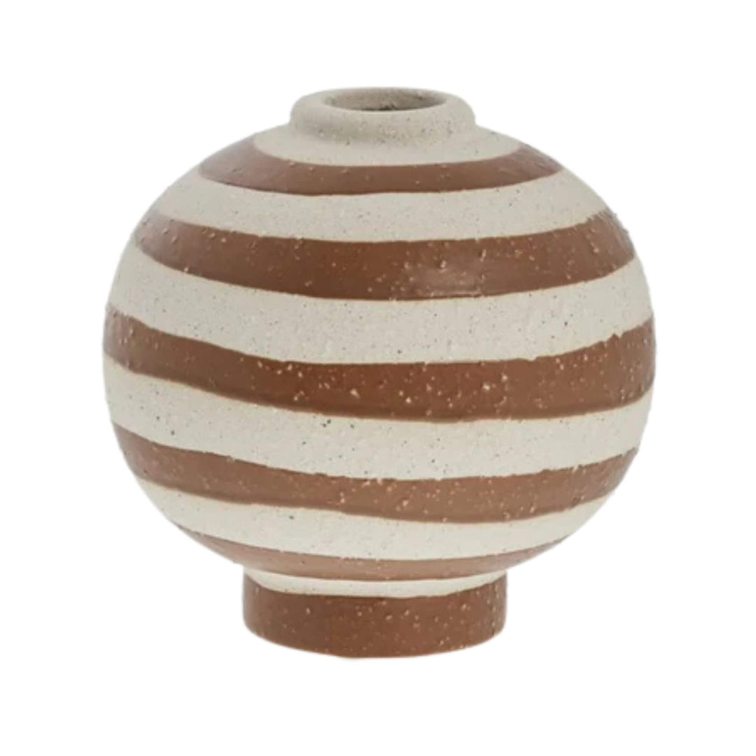 Mykonos Terracotta Vase with white and terracotta horizontal stripes.