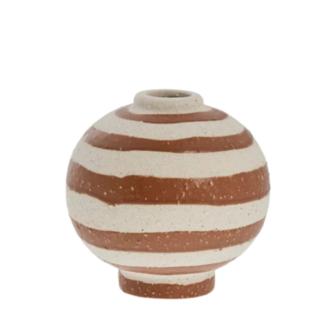 Small Mykonos Terracotta Vase with white and terracotta horizontal stripes.