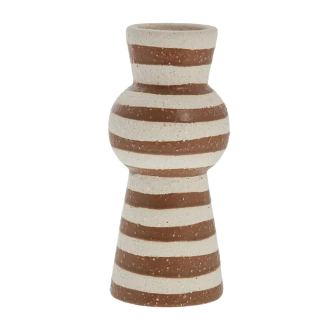 Mykonos Terracotta Vase with white and terracotta horizontal stripes.