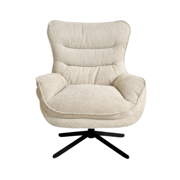 Front view of the Mysore Lounge Chair with cream fabric upholstery and black metal base.