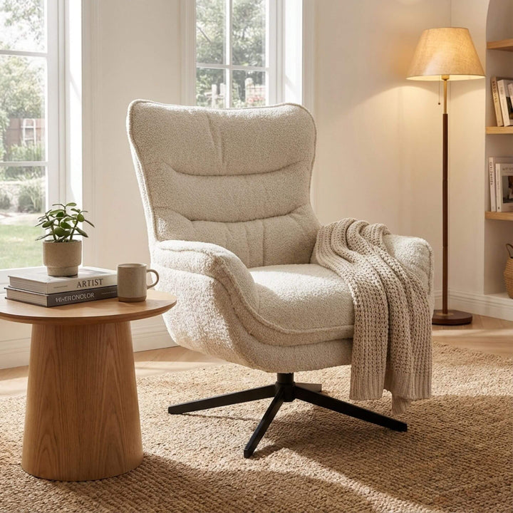 Styled living room setting featuring the Mysore Lounge Chair beside a wooden side table.