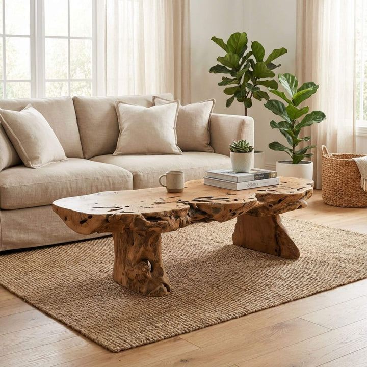 Styled interior view of Nairobi Coffee Table placed in a living room, highlighting its organic oak root form.