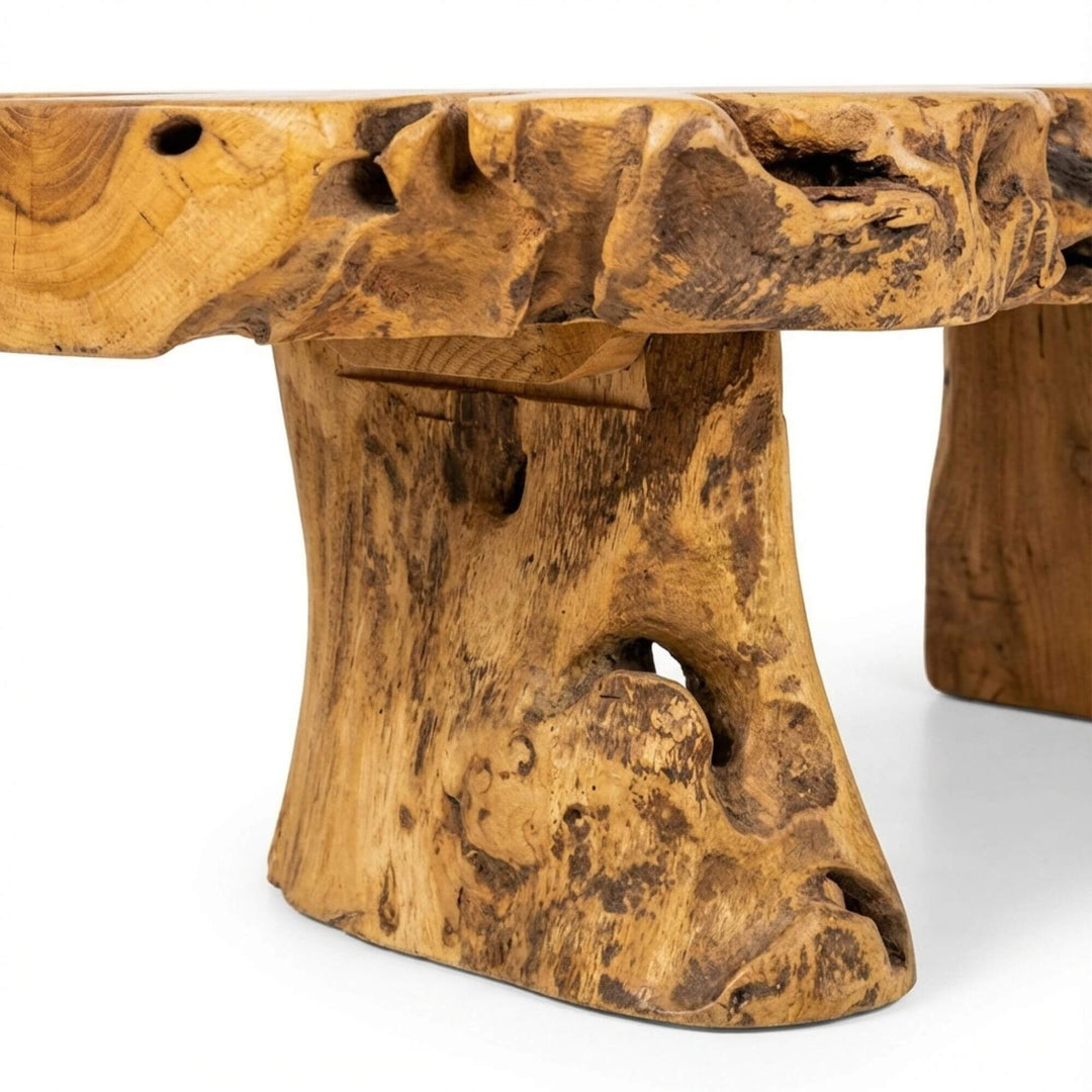 Detail view of Nairobi Coffee Table leg showing the raw oak root grain and natural imperfections.