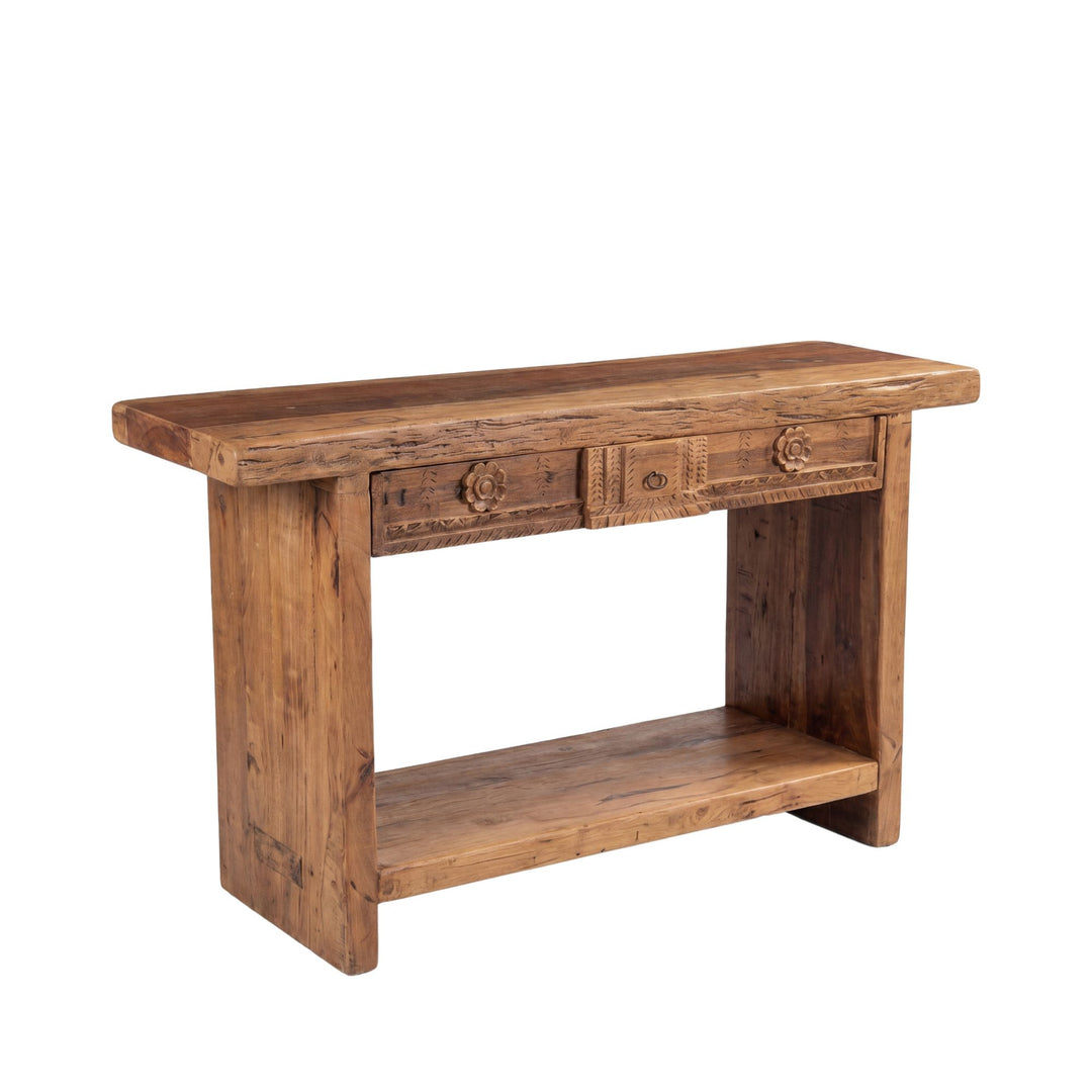 Angled view of the Nairobi console showing its solid reclaimed wood frame and lower shelf.