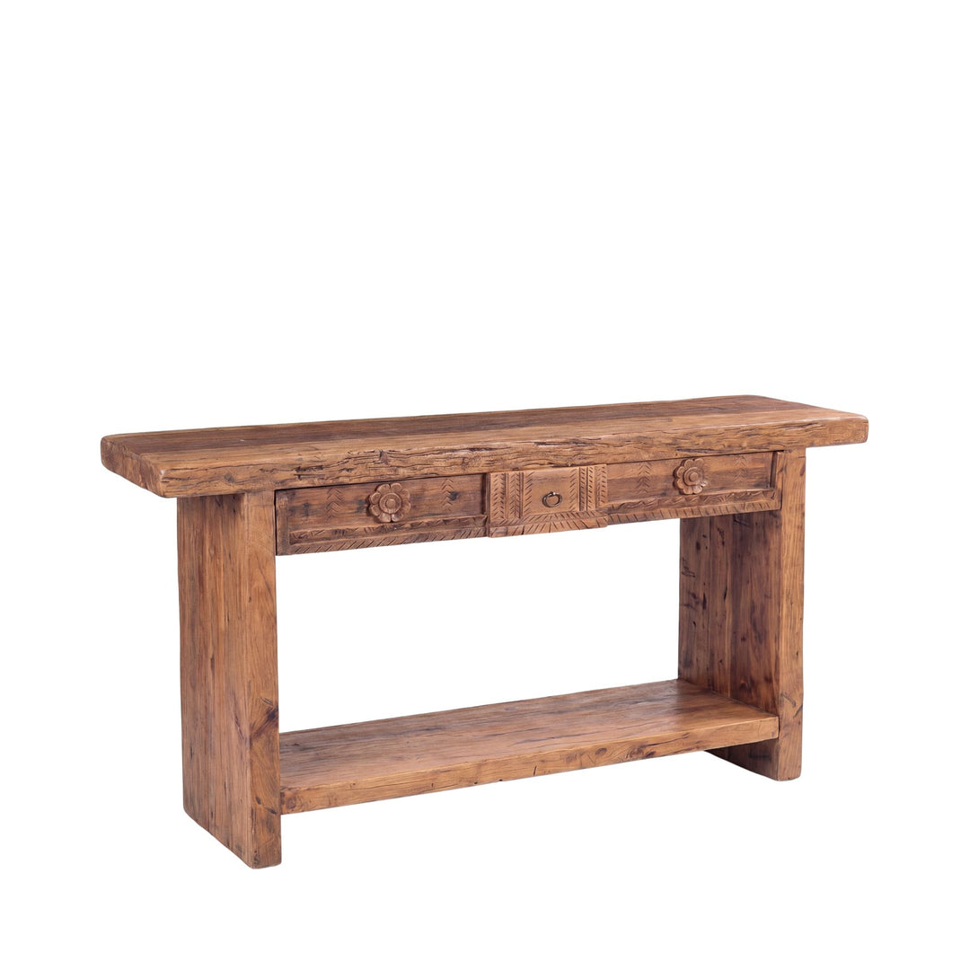 Front three-quarter view of the console highlighting its handcrafted details and proportions.