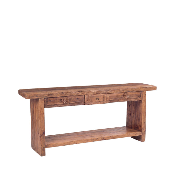 Side angled view of the Nairobi console showing its rustic silhouette and open lower shelf.