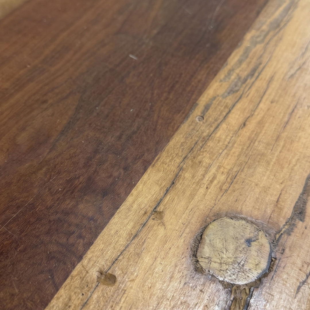 Top view of the reclaimed wood surface highlighting the natural grain and aged finish.