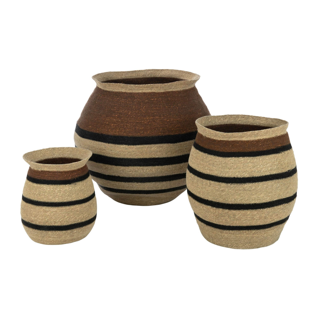 Set of Nambia striped baskets in three sizes, natural with black bands