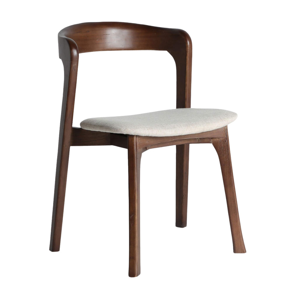 Front three-quarter view of Nara Dining Chair in walnut elm with beige linen seat.