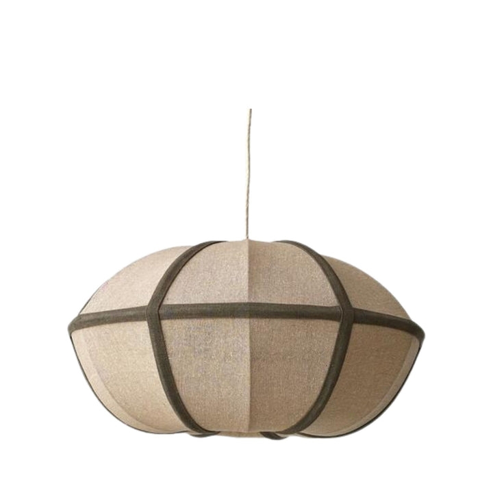 Front view of the Nara pendant lamp showing its rounded linen shade and dark iron frame.