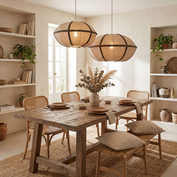 Styled dining room setting featuring Nara pendant lamps suspended above a wooden dining table.
