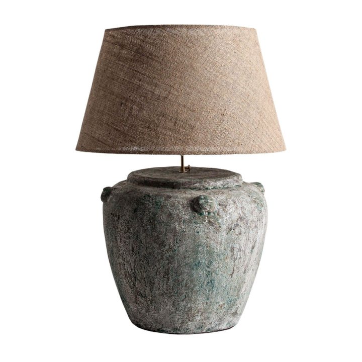 Narvi Table Lamp with terracotta base and beige jute shade.