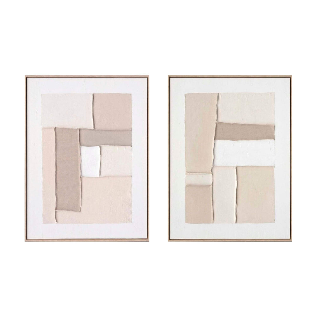 Neutral abstract painting with textured beige and white shapes.