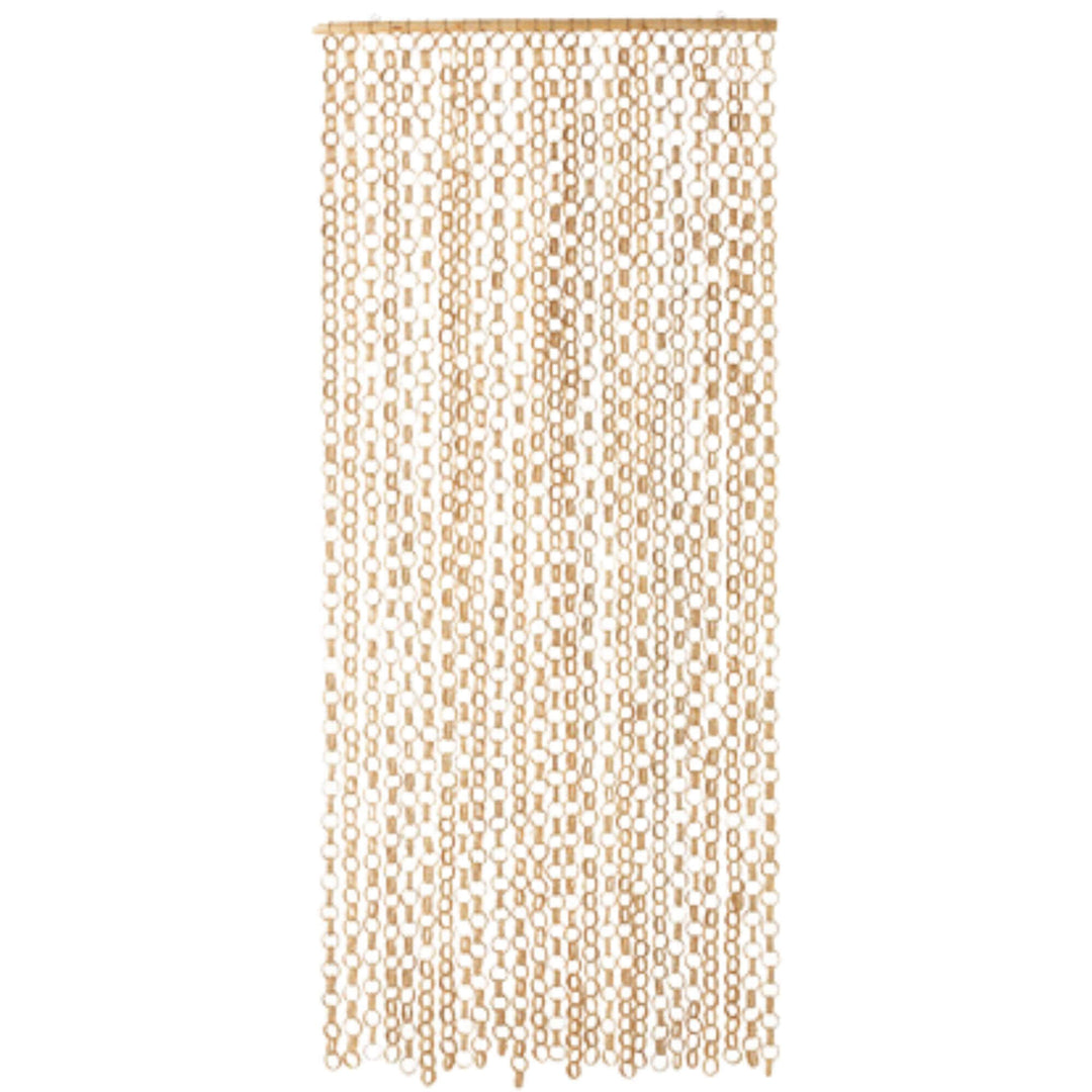 Full view of hanging Natural Bamboo Curtain with organic circular design.

