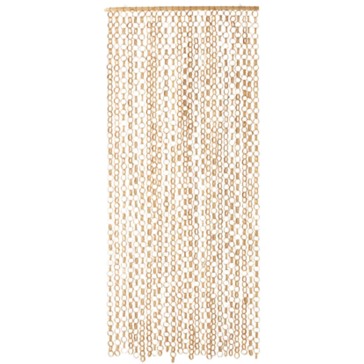 Full view of hanging Natural Bamboo Curtain with organic circular design.

