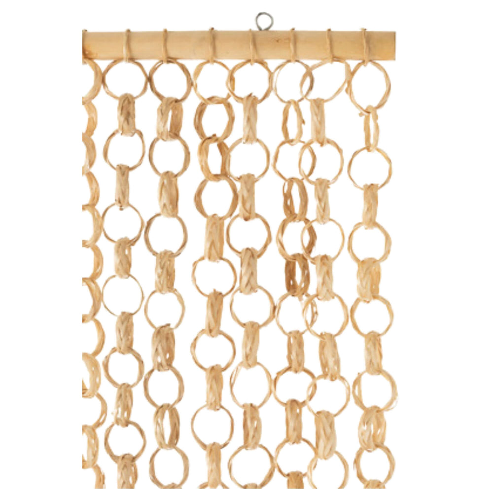 Close-up of Natural Bamboo Curtain showing woven bamboo and rattan rings.