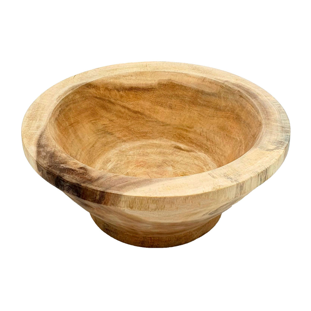 Angled view showing interior grain and round teak design.