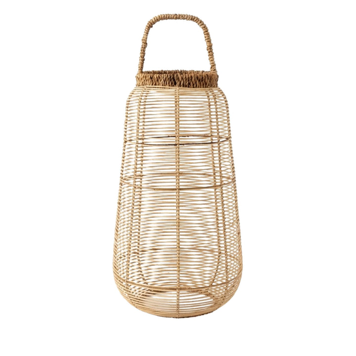 Single Navagio lantern isolated on white background highlighting its elongated silhouette and woven texture.