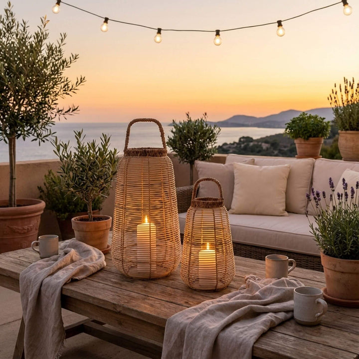 Styled outdoor terrace setting featuring Navagio lanterns creating warm ambient evening light.