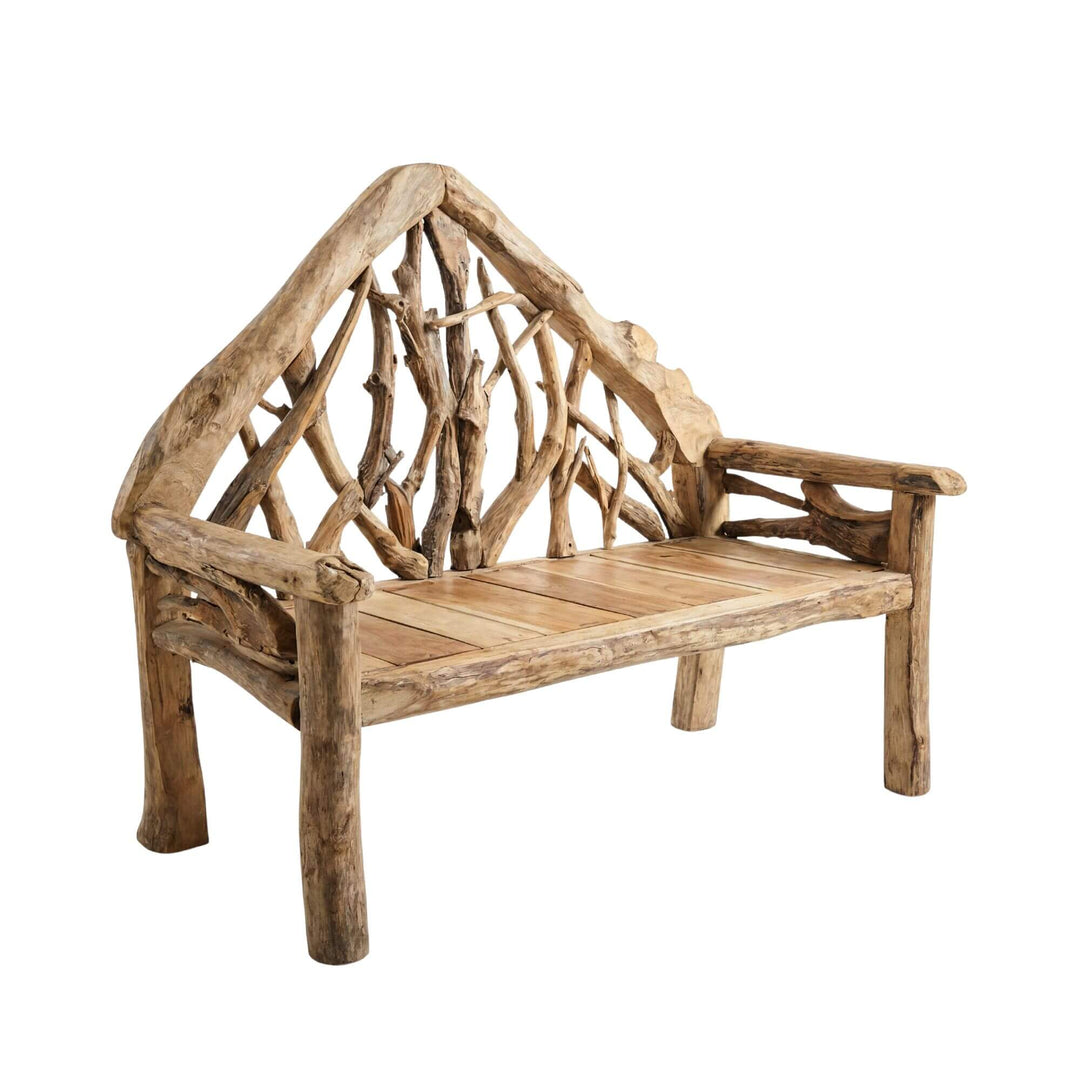 Front view of the Naxos reclaimed teak wood bench showing its sculptural branch-inspired backrest and solid wood seat.