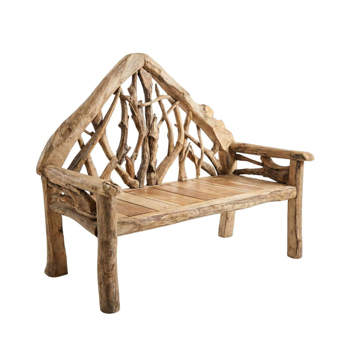 Front view of the Naxos reclaimed teak wood bench showing its sculptural branch-inspired backrest and solid wood seat.
